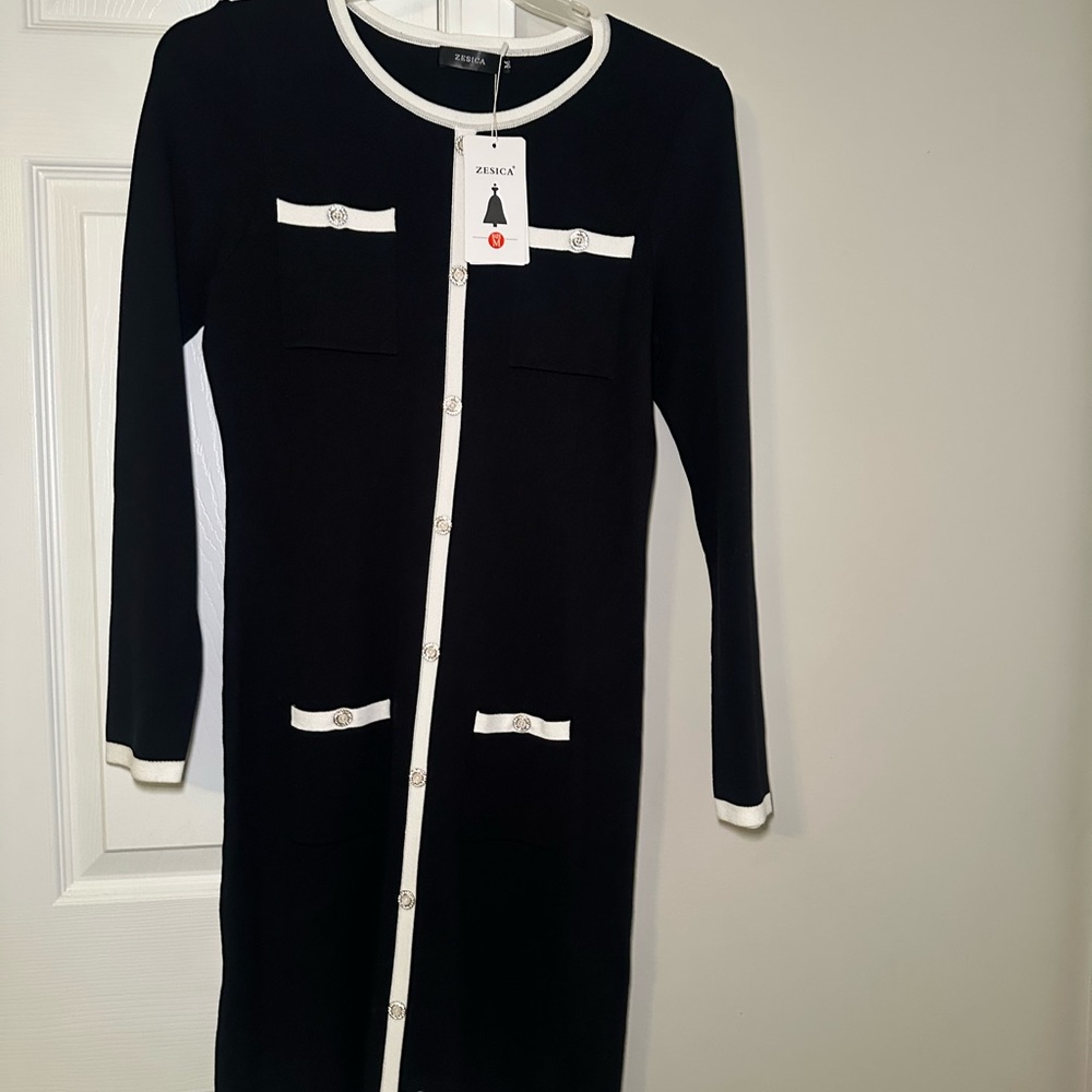 ZESICA Black Long Cardigan with White Trim